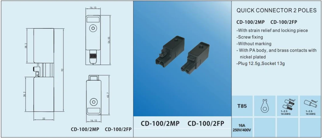 CD-100-3bf-P Top Hengda Cable - Schuko Plug Gst18I3 Weiland Female Fast Connector Gst 3way Wire Connectors 3poles Terminals Power Quick Connector 3 Pin