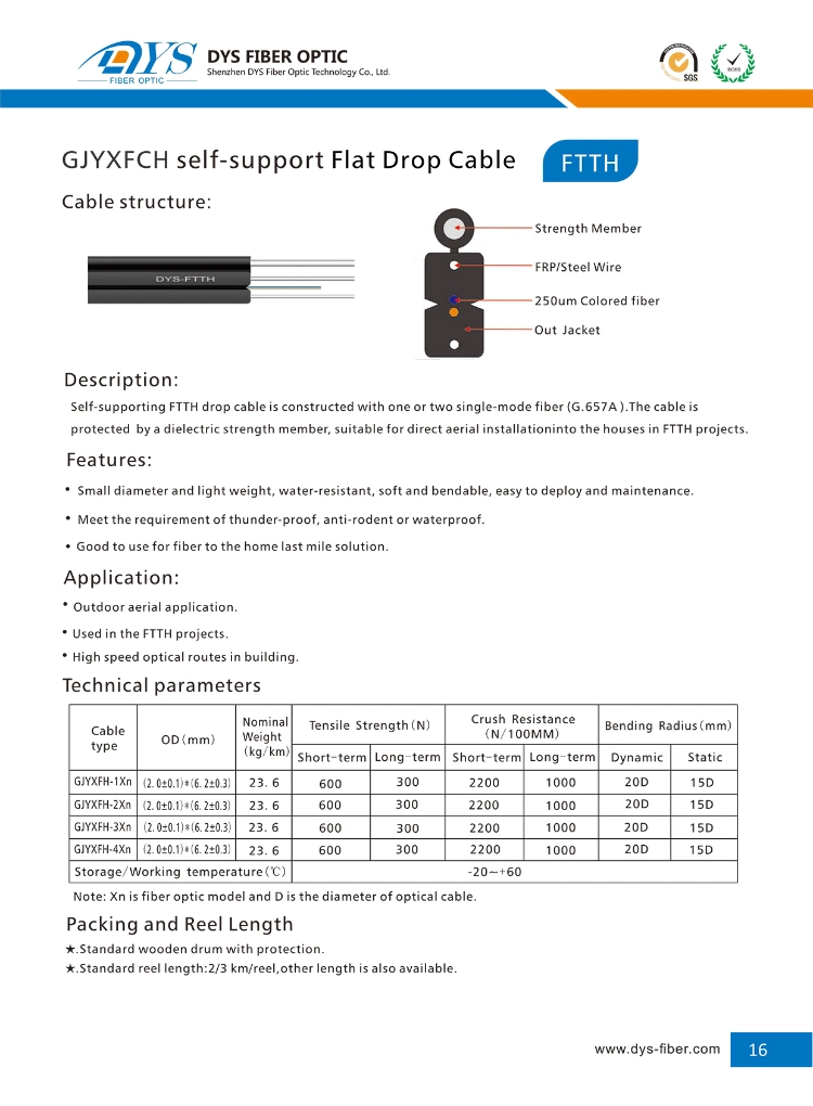 Hot Sale GJYXFCH 1core 2core 4core Single Mode Outdoor/Indoor Steel Wire FTTH Fiber Optic/Optical Drop Cable with Anatel Certificate